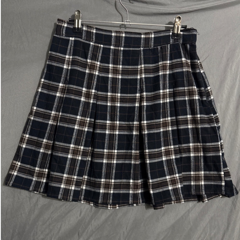 Hollister Pleated Mini Skirt Size M Navy Brown Plaid Dark Academia High Rise